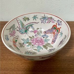 Vintage Asian Floral Butterfly Bowl Porcelain Painted 8” Serving Bowl